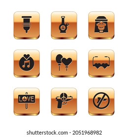 Set Condom, Peace, No war, Balloons, Vinyl disk, Hippie girl,  and Bong icon. Vector
