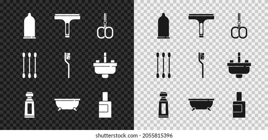Set Condom, Rubber Limpiador, Tijeras de uñas, Tubo de dentífrico, Bañera, Botella para agente de limpieza, Osos de algodón y Icono de cepillo de dientes. Vector