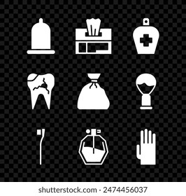 Set Condom, Wet wipe pack, Bottle of liquid antibacterial soap, Toothbrush, Perfume, Rubber gloves, Broken tooth and Garbage bag icon. Vector