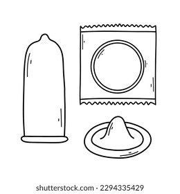 Conjunto de preservativos en forma de doodle. Ilustración vectorial. Colección de diferentes tipos de preservativos. Estilo lineal. Tipo de anticoncepción.
