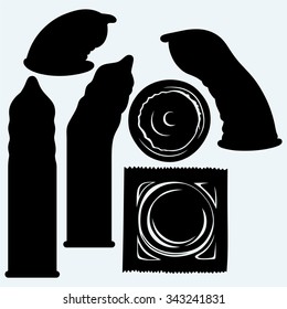 Set condoms. Isolated on blue background. Vector silhouettes