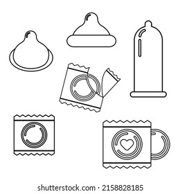 Conjunto de preservativos y paquetes de estilo de línea. Ilustración del vector
