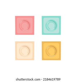 Set of condoms and package icons. Sealed colored condom isolated on white background. Contraceptive method.  Vector illustration.