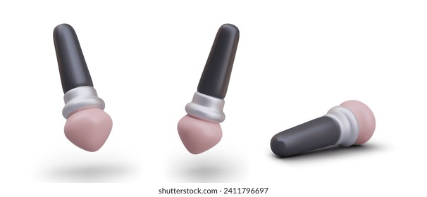 Set of cone brushes for blending powder, blush. Tools for applying cosmetic. Makeup artist accessories. Isolated vector 3D objects in different positions