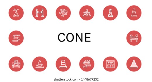 Set of cone icons such as Party hat, Barrier, Popsicle, Ice cream shop, Cone, Traffic cone, Funnel, Ice cream, Gummy ,
