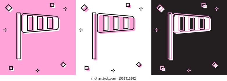 Set Cone meteorology windsock wind vane icon isolated on pink and white, black background. Windsock indicate the direction and strength of the wind.  Vector Illustration