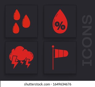 Set Cone meteorology windsock wind vane, Water drop, Water drop percentage and Storm icon. Vector