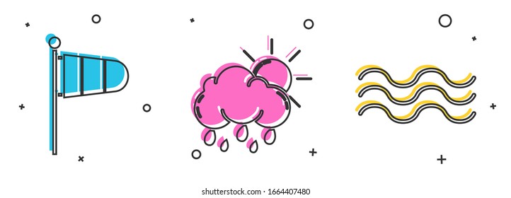 Set Cone meteorology windsock wind vane, Cloud with rain and sun and Waves icon. Vector