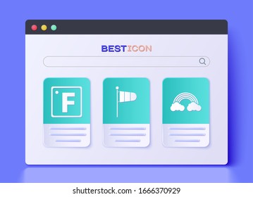 Set Cone meteorology windsock wind vane, Fahrenheit and Rainbow with clouds icon. Vector