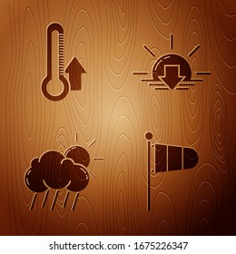Set Cone meteorology windsock wind vane, Thermometer, Cloud with rain and sun and Sunset on wooden background. Vector