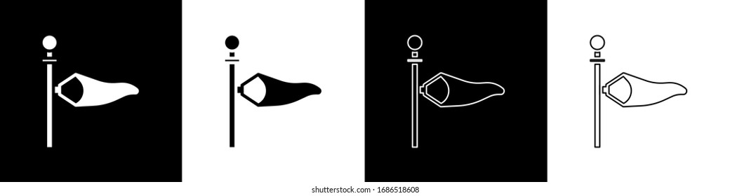 Set Cone meteorology windsock wind vane icon isolated on black and white background. Windsock indicate the direction and strength of the wind.  Vector Illustration