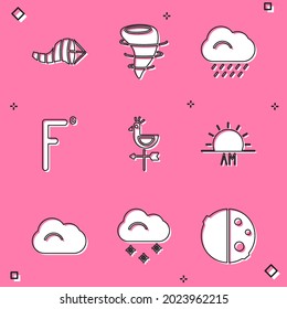 Set Cone meteorology windsock wind vane, Tornado, Cloud with rain, Fahrenheit, Rooster weather, Sunrise,  and snow icon. Vector