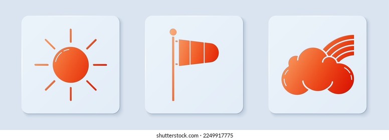 Set Cone meteorology windsock wind vane, Sun and Rainbow with clouds. White square button. Vector