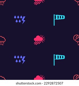Set Cone meteorology windsock wind vane, Storm, Cloudy with rain and sun and snow, rain, moon on seamless pattern. Vector