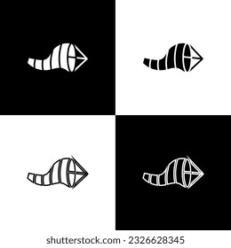 Establezca el icono de la veleta de viento de la meteorología de Cone aislado sobre fondo blanco y negro. El paro indica la dirección y la fuerza del viento.  Ilustración vectorial