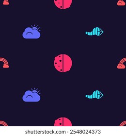 Set Cone meteorology windsock wind vane, Sun and cloud, Eclipse of the sun and Rainbow with clouds on seamless pattern. Vector