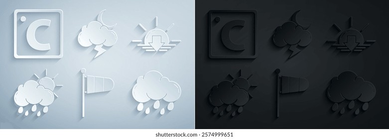 Set Cone meteorology windsock wind vane, Sunset, Cloud with rain and sun, Storm and Celsius icon. Vector