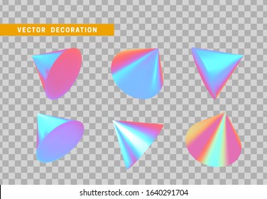 Set of Cone is three-dimensional geometric shape isolated with colorful hologram chameleon color gradient. 3d objects vector illustration