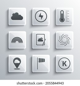 Set Cone windsock wind vane, Kelvin, Tornado, Weather forecast, Location cloud, Rainbow, Cloud and Meteorology thermometer icon. Vector