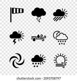 Set Cone windsock wind vane, Storm, Cloudy with rain and sun, Tornado, snow, Wind,  and  icon. Vector