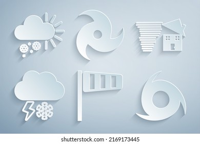 Set Cone windsock wind vane, Tornado swirl, Cloud with snow and lightning,  and Cloudy icon. Vector