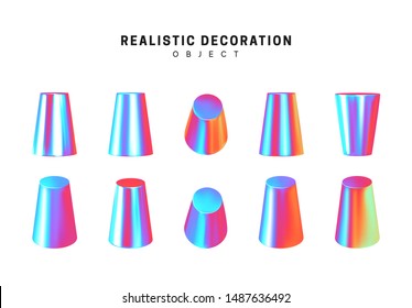 Set cones with holographic color gradient. Realistic geometric shapes. Hologram decorative design elements isolated white background. 3d objects cone-shaped blue color. vector illustration.