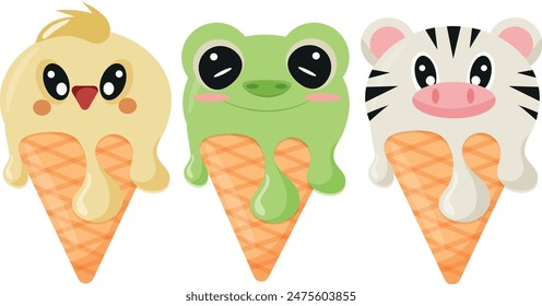 set of cones with ice cream and animal print, namely frog face, chicken face, zebra face and waffle cone, for design, packaging or advertising