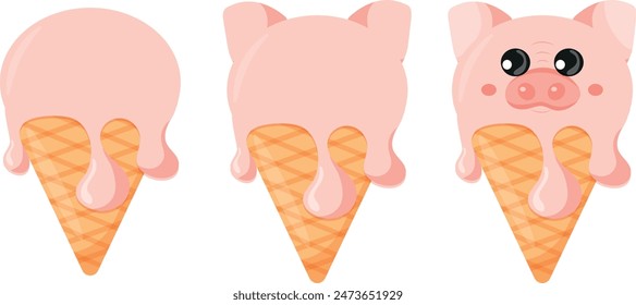 set of cones with pink ice cream and animal print, namely pig face and waffle cone, for design, packaging or advertising