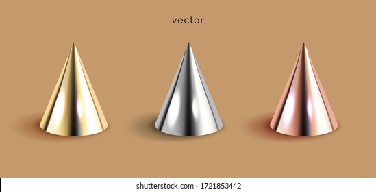 Set of cones silver, pink or rose gold and golden cones 3D geometric shapes, brown background. Glossy metal abstract form rendering. Decorative mathematical figure vector illustration, realistic style