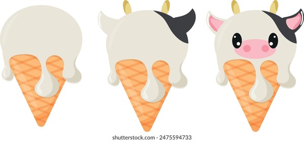 set of cones with white ice cream and animal print, namely cow face and waffle cone, for design, packaging or advertising