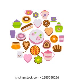 Set of confection on white. Vector illustration of cakes and cups in circle.