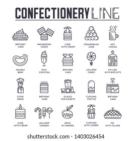 Set of confectionary thin line icons. logos isolated on white background. Sweets, pastries and drinks outline pictograms collection. Cooking, bakery vector elements for infographic, web.