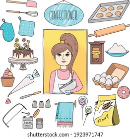 Set of confectioner icons and more. Cake, cupcake, donut, cookies and kitchen utensils. Vector illustration. Editable vector icons on a white background.