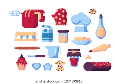 Set of confectioner tools and sweets vector illustration. Different appliances like mixer, knife, rolling pin and metallic shapes flat style design. Isolated on white