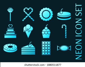 Set of Confectionery Blue glowing neon icons.