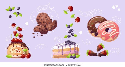 Set of confectionery in cartoon style on purple background. Doodle. Cake, donuts, cookies. Vector illustration for bakery, poster, banner, website, advertisement. Vector illustration