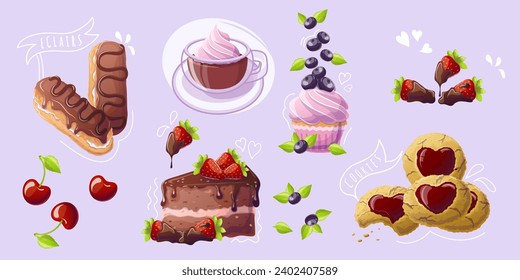 Conjunto de repostería en estilo de caricatura sobre fondo morado. Doodle. Pastel, quequitos, gallos. Ilustración vectorial para panadería, afiche, banner, sitio web, publicidad. Ilustración del vector