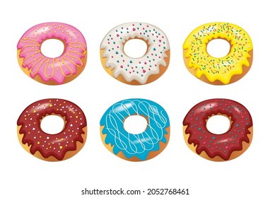 Set of confectionery donuts in sugar glaze. Donuts are drawn in a realistic style in vector. These images are perfect for a cafe menu or decorating a hall in a pastry shop.
