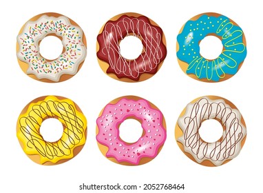 Set of confectionery donuts in sugar glaze. Donuts are drawn in a realistic style in vector. These images are perfect for a cafe menu or decorating a hall in a pastry shop.
