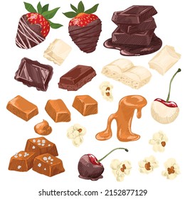 Set Of Confectionery Flavors, Chocolate Salted Caramel Popcorn, Hand Drawn Vector Illustration