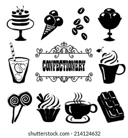 Set of confectionery food icons. Hand drawn vector illustration.