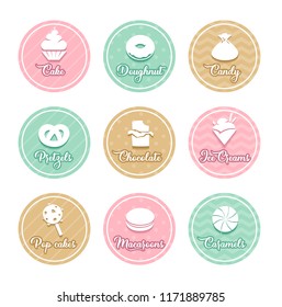 Set of confectionery labels with cake, doughnut, caramel, candy, pop cake, ice cream, pretzel, macaroon, chocolate