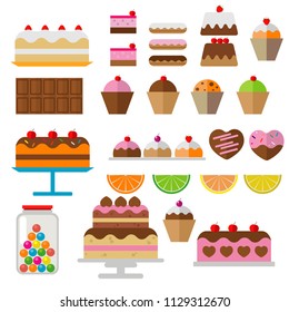 Set of confectionery products: cakes, chocolate, marmalade, marshmallows. Vector illustration on the theme of delicious treats.