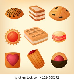 A set of confectionery products with jam, chocolate, biscuit. Biscuits, waffles, macaroons, shortbread cookies, heart. Isolated cartoon sweets for tea, coffee, milk and other drinks. Vector illustrati
