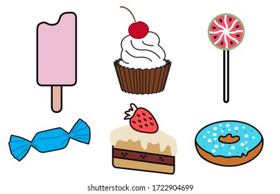 Set confectionery and sweets icons flat hand drawn style isolated. Design elements symbol Editable icon silhouette Sweet sugar Dessert  for menu, banners vector EPS10 Stroke Pictogram