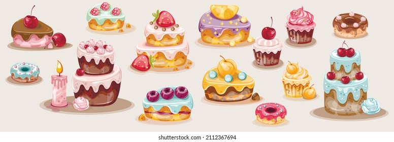 Süßigkeiten. Einzeln auf weißem Hintergrund, süße Kuchen, Freehand-Zeichnung. Vektorgrafik.