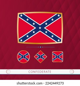 Set of Confederate flags with gold frame for use at sporting events on a burgundy abstract background. Vector collection of flags.