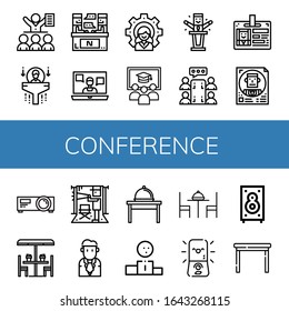 Set of conference icons. Such as Meeting, Human resources, Interview, Video call, Leader, Class, Politician, Id card, Projector, Table, Director, Businessman , conference icons