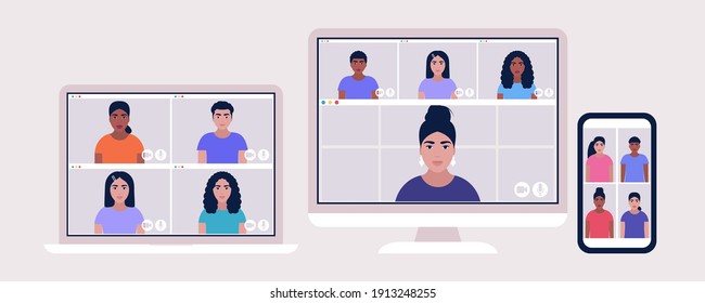 Conjunto de videollamadas de conferencia, videollamadas a un amigo, estudiar en línea, reunión de negocios. Ilustración de vector plana colorida.