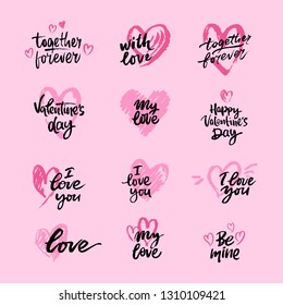 Set of confessions of lovers day handwritten lettering and hearts.